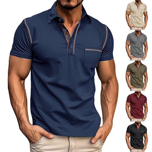 Camisas polo informales transpirables de verano de algodón con bolsillo para hombre