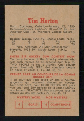 TIM HORTON 1959-60 PARKHURST 59-60 NO 23 EX     75437 - Photo 2 sur 2