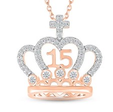 1.14ct Natural Round Diamond 14k Solid Rose Gold Birthday age Tiara Pendant
