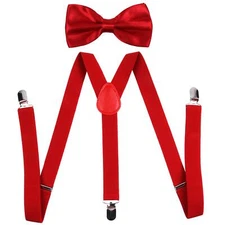Men's Bow Tie and Y Shape Suspender Set Adjustable Elastic Solid Color Red