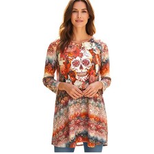Túnica One World Calavera de Azúcar L Top Sublimado Boho Gótico Manga 3/4 Asimétrica