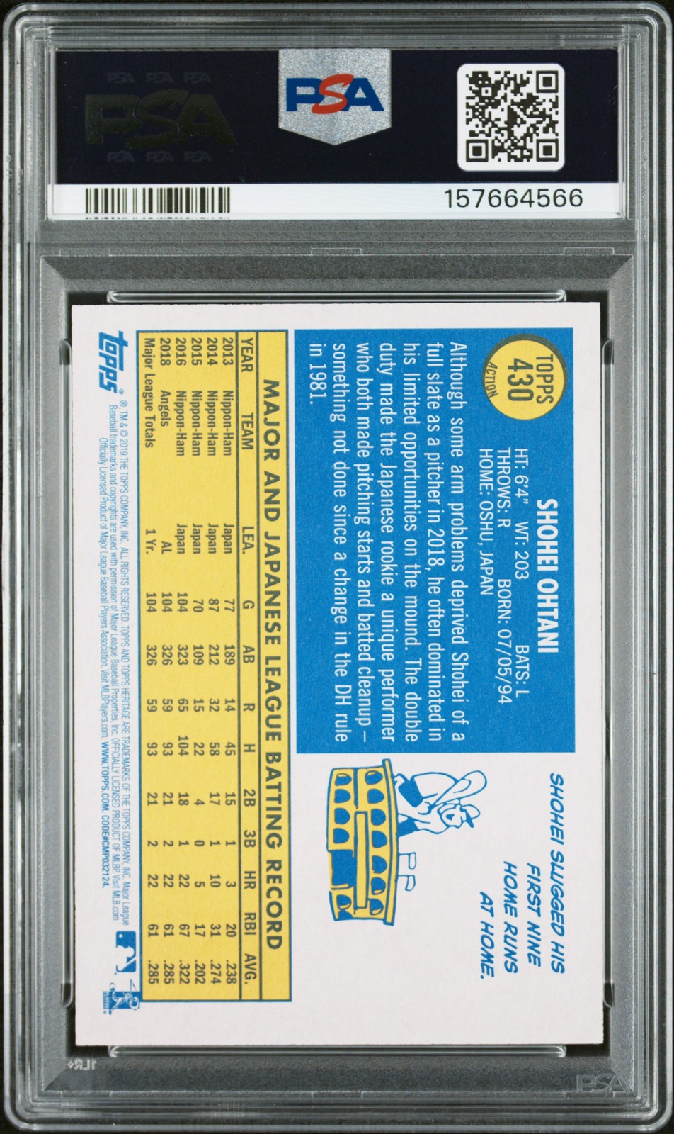 2019 TOPPS HERITAGE ACTION #430 SHOHEI OHTANI PSA 9 view 2