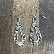 Gold Tone Sterling Silver Filigree Openwork Teardrop Dangle Earrings 1.93 Grams