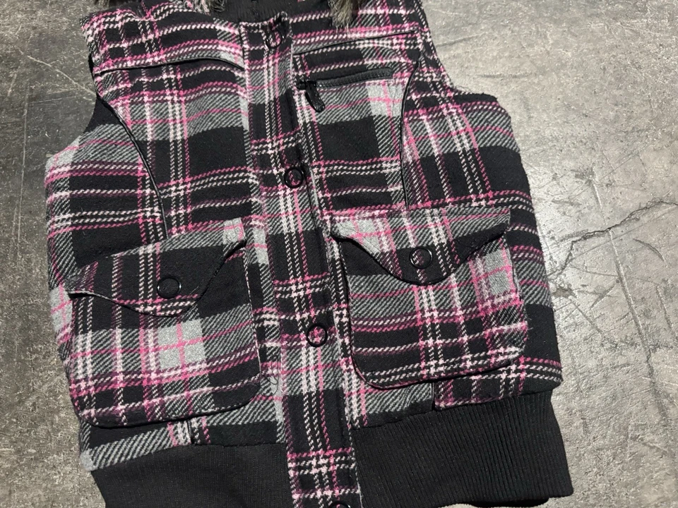 VTG Y2K 2000s Pink Plaid Fur Puffer Vest Grunge Girl Medium Abercrombie Fitch - Image 2 of 4