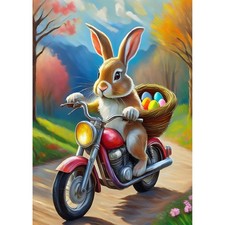 Postkarte. Osterhase auf dem Motorrad.