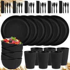 42-Piece Wheat Straw Dinnerware Sets,Unbreakable Plates and Bowls Set,Dinner ...