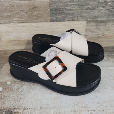 #ad Chinese Laundry Clarke Women Wedge Sandal Sz 7.5 M Bone Leather Slip On Open Toe $19.98