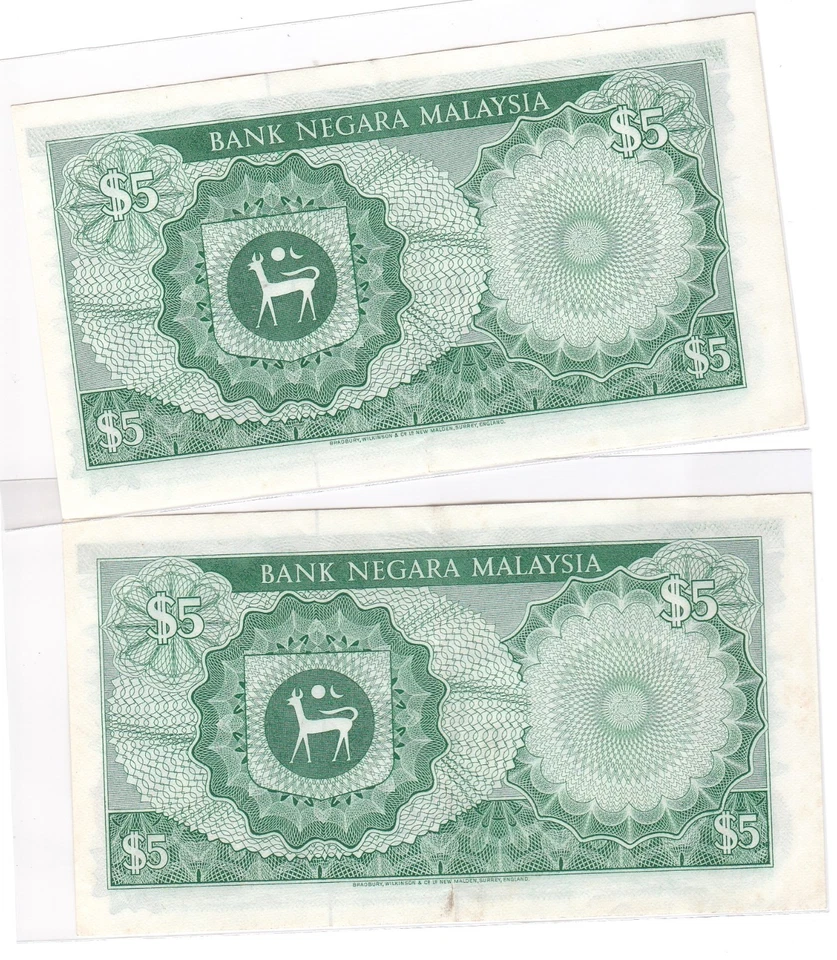 Mazuma *M5779 Malaysia 4th Aziz Taha $5 B/19 103621-622 1st Prefix 2 Running No. - Image 2 of 2