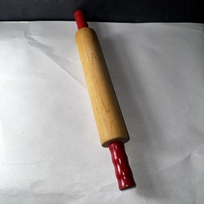 Vintage Wooden Rolling Pin Red Handles 15  Farmhouse Primitive Baking Kitchen