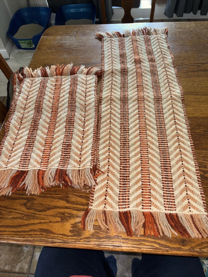 4er Set Tischsets & Läufer aus gewebter Wolle orange/braun/Herbstfarben