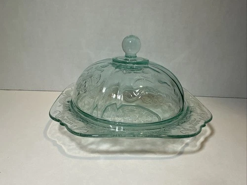 Vintage Federal Indiana MADRID Pattern Round Butter Dish Serving Teal Aqua