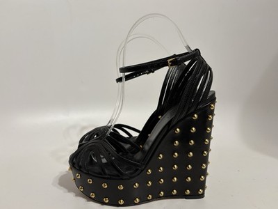 Vtg Gucci Black Leather Gold Spike Studded Platform Sandal Heels 36