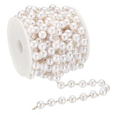 16 Feet Faux Pearl Beading Chain, 8mm Brass Chain Link Style 1, Golden