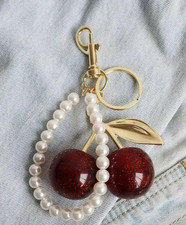 Red Glitter Cherry Bag Charm Keychain Gold Metal w/Pearl Strand Elegant Accent