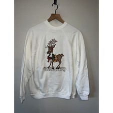Vintage Christmas Sweatshirt Tultex Crewneck White Reindeer VTG 80s Large