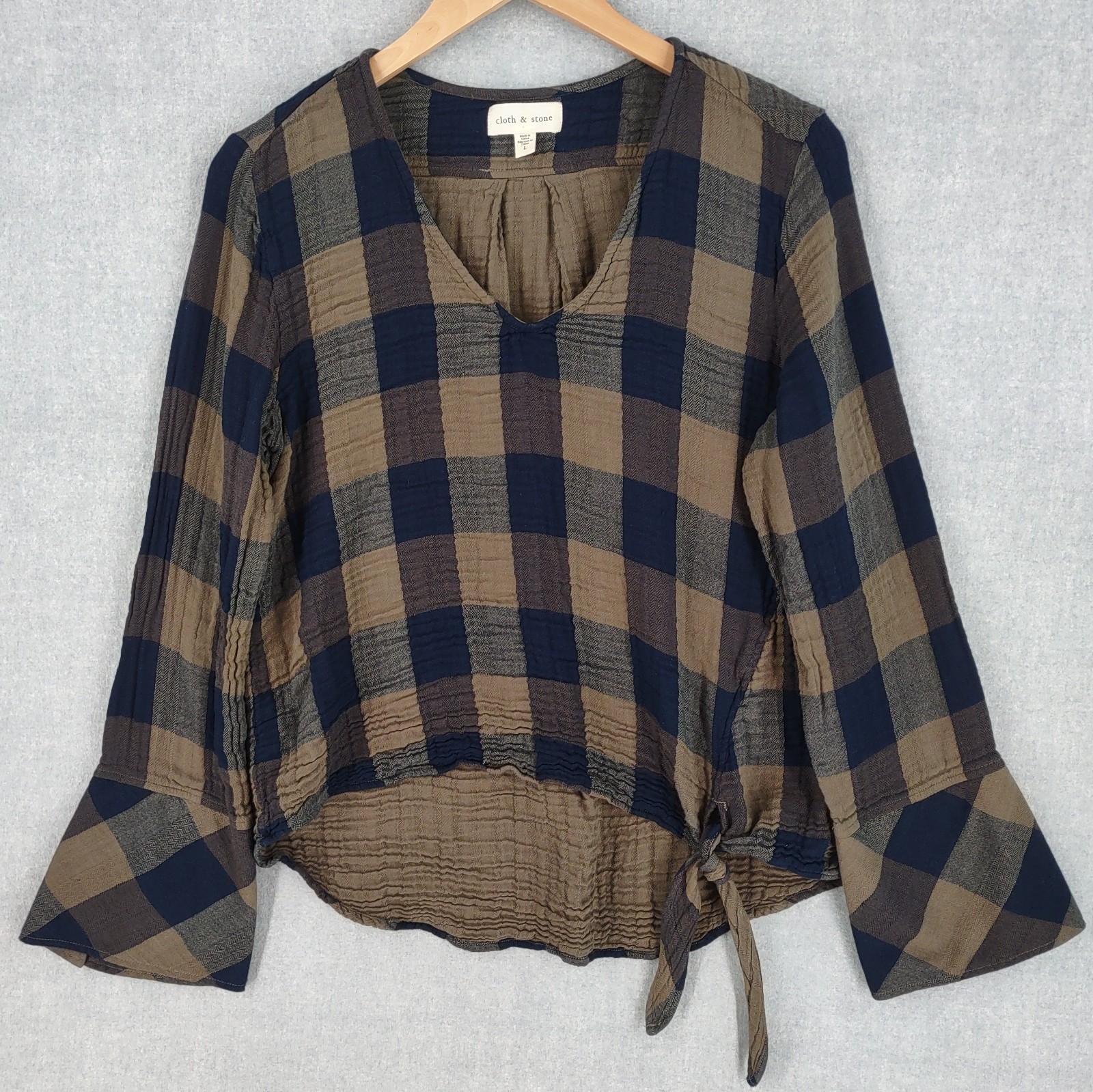 Cloth & Stone Anthropologie Top Large Gauzy Gingham Plaid Bell Sleeve Boho Multi