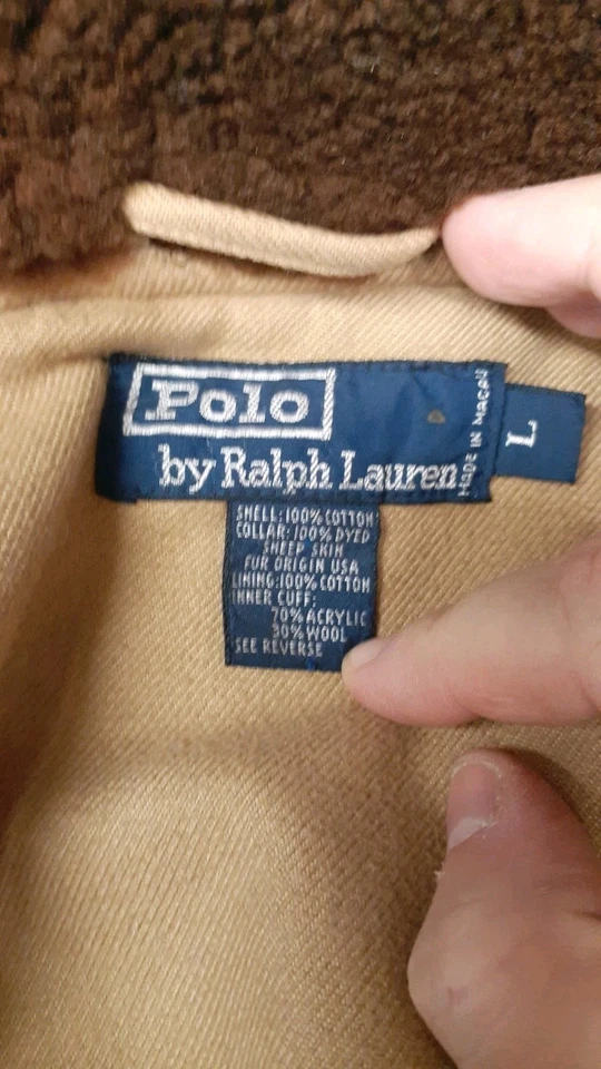 Polo Ralph Lauren Grande Algodón Marrón Cremallera Completa Chaqueta Abrigo Piel de Oveja Cuello de Piel  Foto 4 de 4