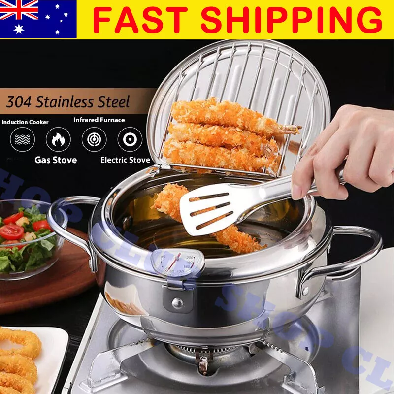 24CM Japanese Deep Frying Pot Oil Fryer with a Thermometer and a Lid 304  Stainless Steel Kitchen Tempura Fryer Pan