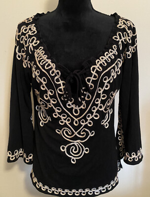 Lauren Michelle Women's Embroidery Blouses Tops Black Gold