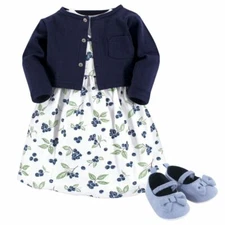 Hudson Baby Dress, Cardigan, Shoe Set, 3-Piece, Blueberries