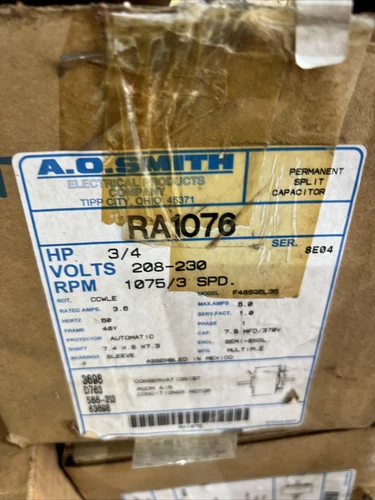 AO SMITH, RA1076, 3/4 HP, 1075 RPM, 48Y, 208-230V, ROOM AC MOTOR