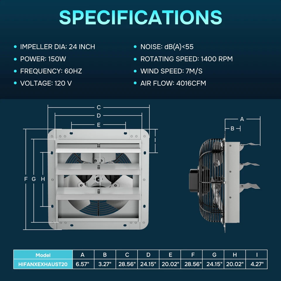 Ventilador de escape con obturador CFM 4016 pulgadas con controlador de velocidad y kit de cable de alimentación Foto 3 de 4