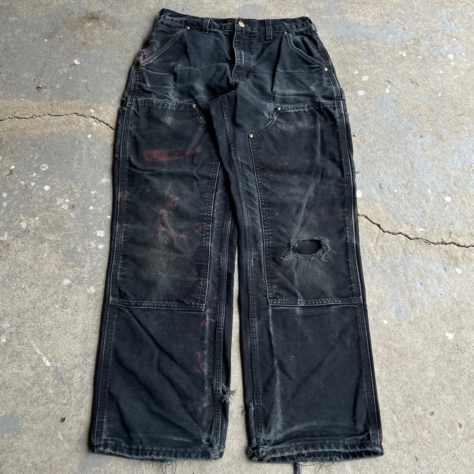Vintage carhartt faded black distressed double knee work wear carpenter pants
