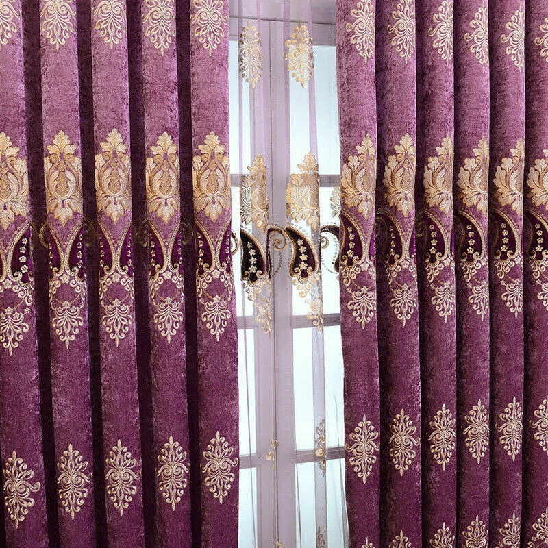 Embroidery Chenille Blackout Curtain Grommet Top Window Panels for Bedroom Retro - Image 2 of 4