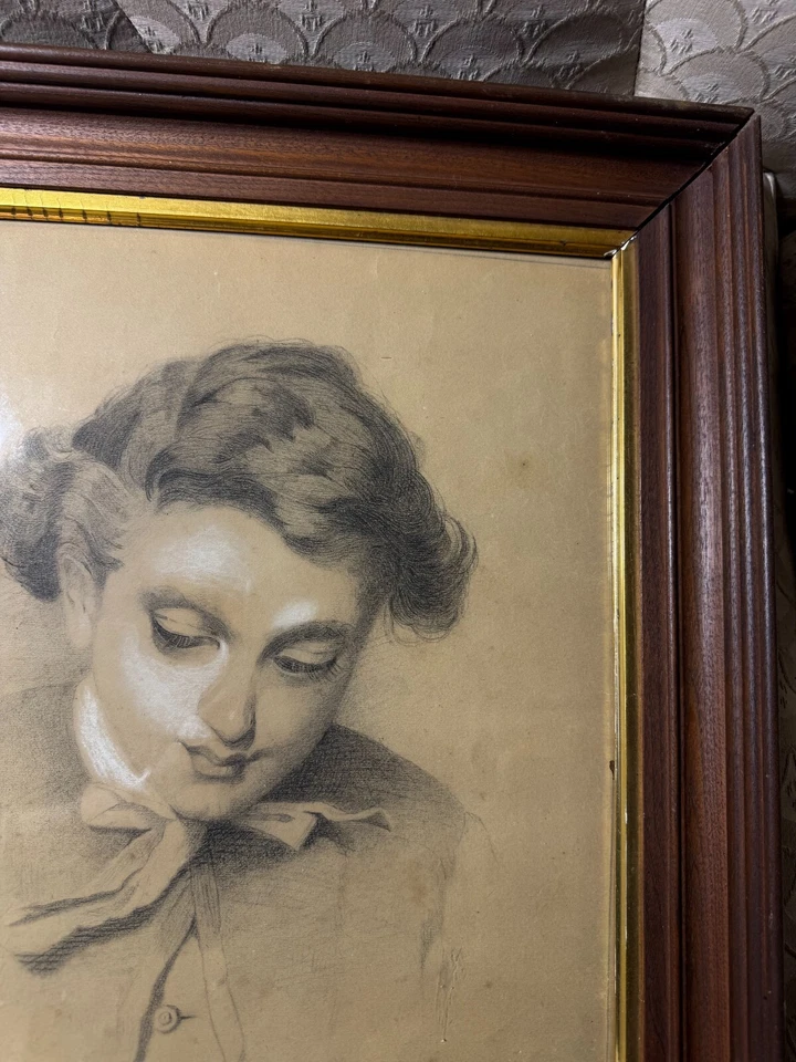 Magnífica pintura antigua "Retrato de una escena de mujer" de medios mixtos - enmarcada Foto 3 de 4