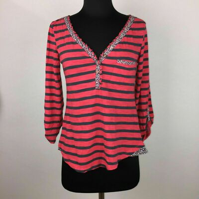 Anthropologie Postmark Henley Top Womens S Striped Floral Trim Roll Tab SleeveMY