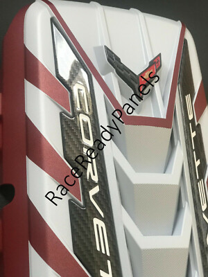 202024 CORVETTE C8 ENGINE COVER ARCTIC WHITE EDGE RED CARBON FIBER RAILS
