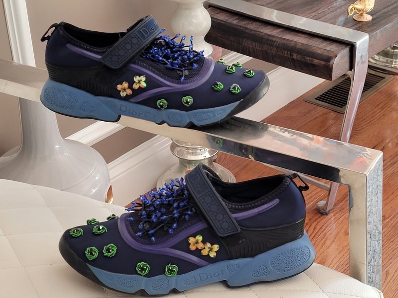 Dior Blue Neoprene and Mesh Fusion Embellished Logo Strap Sneakers US Size 8