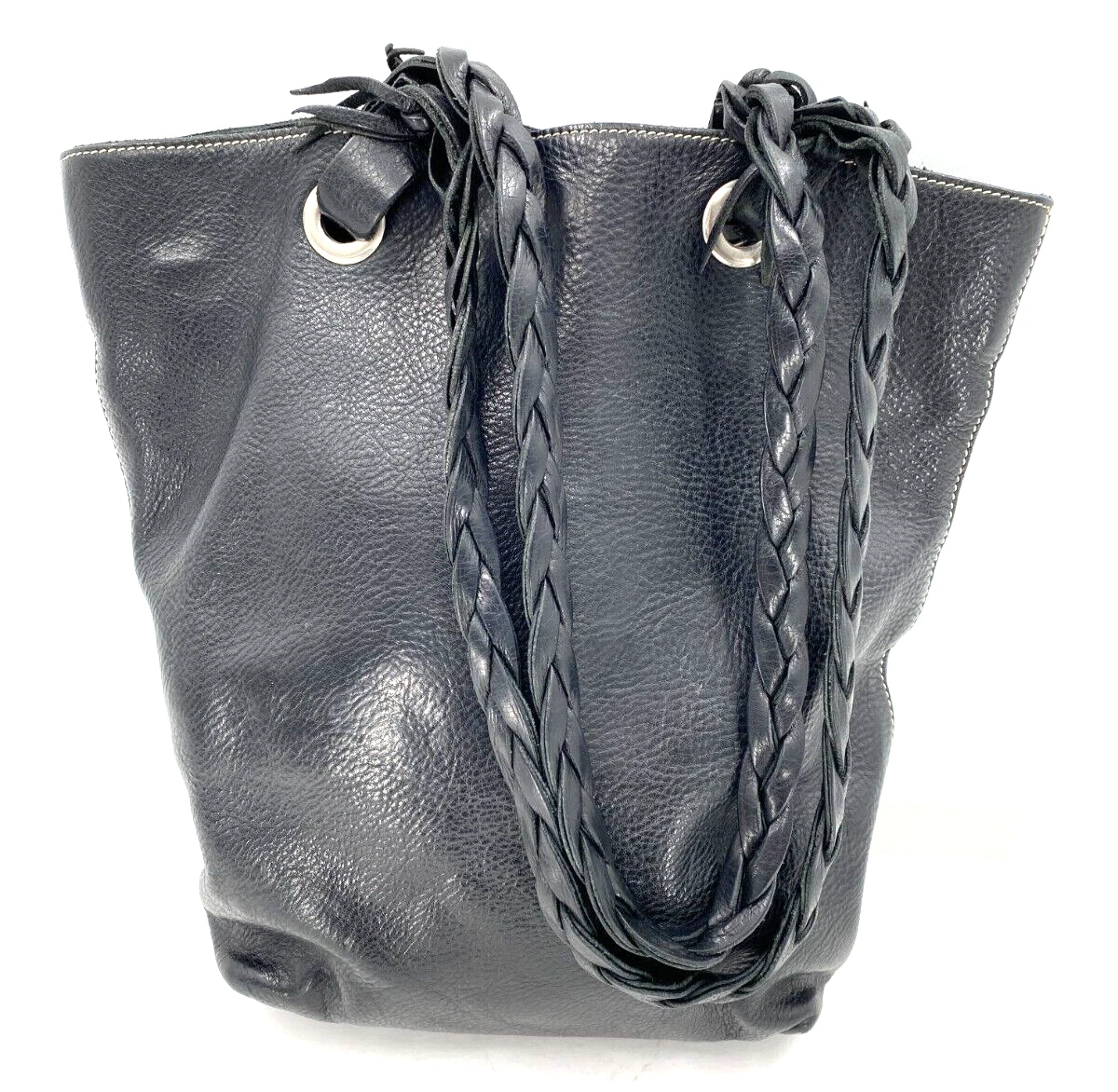 VTG ROOTS Black Luxurious Leather Woven Handle Large Tote Hobo Bag