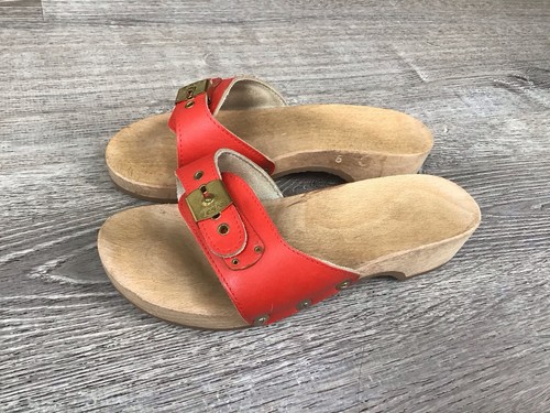 Vintage DR SCHOLLS Women Size 6 Wooden Exercise Sandals Red Leather Wedge Wood - Picture 5 of 12