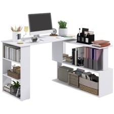 Image of HOMCOM Corner Computer Desk with 360° Rotating Design and Bookshelf, White