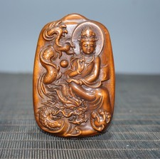 Collect Old Boxwood hand carven double-sided Dragon Slayer Guanyin decoration