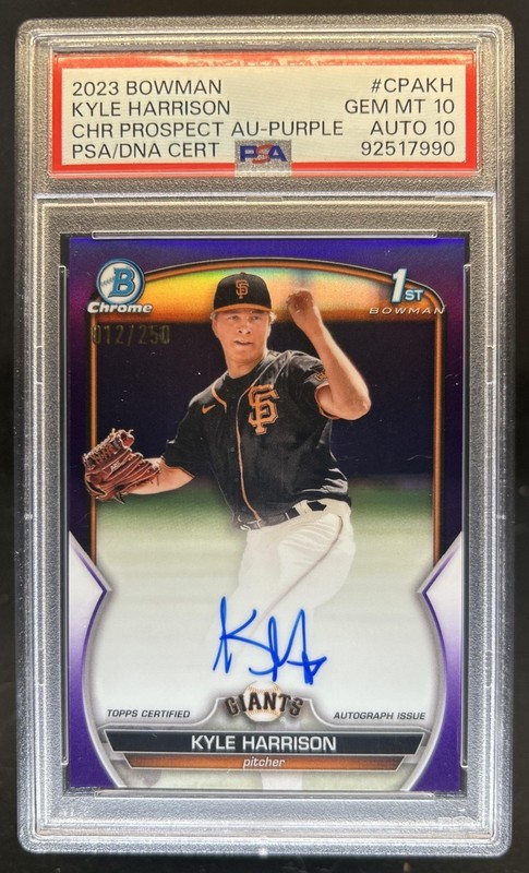 2023 Bowman Kyle Harrison Chrome Auto Purple Refractor 1st /250 Giants PSA 10 10