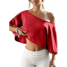 Womens Off The Shoulder Cropped Tops Batwing Short Sleeve Workout Shirts