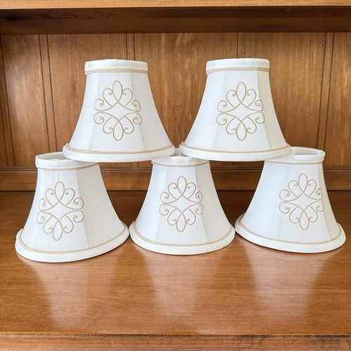 Set of 5 Bell Shape Fabric Chandelier Shades Clip-On White Tan Embroidered Trim