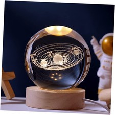 Glowing Crystal Ball Light with Wood Base, 3D Inner Carved Small Solar System