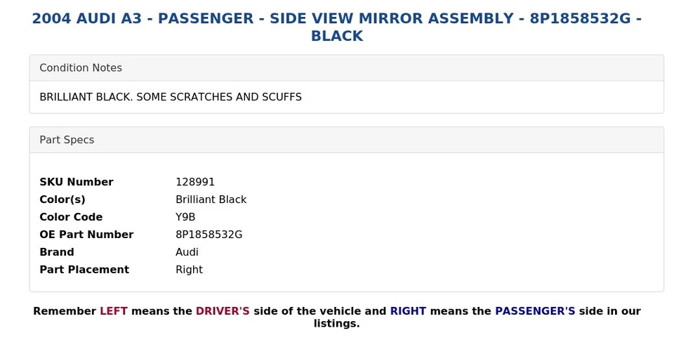 AUDI A3 2004 - pasajero - conjunto de espejo retrovisor lateral - 8P1858532G - negro Foto 4 de 4