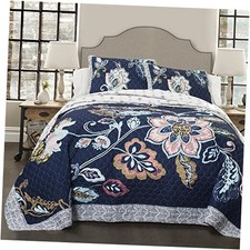 Aster Flower Pattern Reversible 3 Piece Lightweight Bedding Set King Navy Quilt