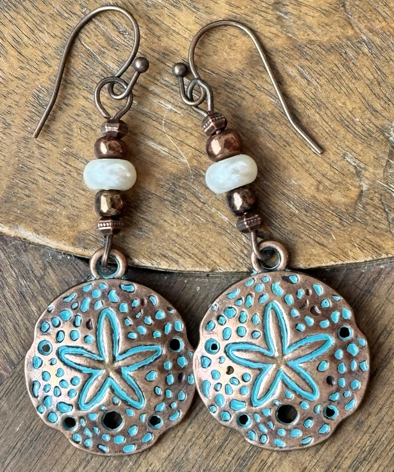 Patina Sand Dollar with Freshwater Pearl Earrings. Ocean. Be