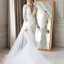 White Long Sleeve Deep V neck Lace Mermaid Wedding Dress Tulle Train Bridal Gown