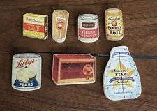 Mini Vintage Grocery  Lot Of 7 Wood Block Items Dollhouse Wall Display