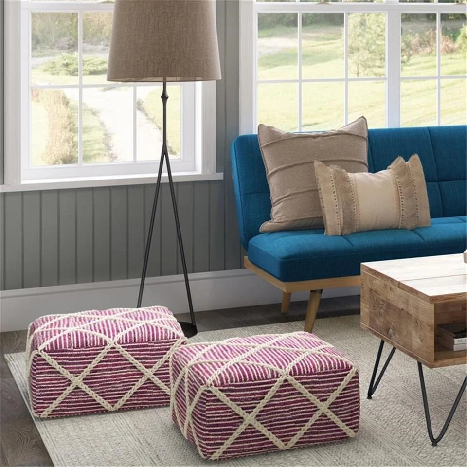Cowan Contemporary Square Pouf in Magenta and Natural Handloom Woven - Image 2 of 4