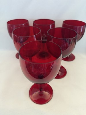 Set Of Six Vintage Hand Blown Ruby Red 4 3/4'' Wine Glasses Goblets