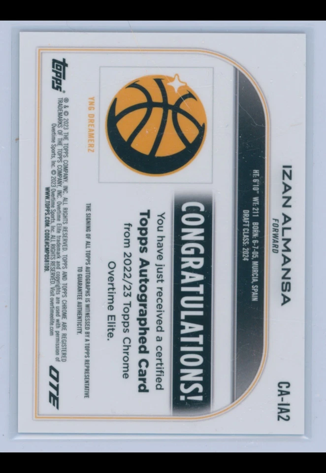 IZAN ALMANSA 2022-23 Topps Finest OTE Rookie Auto BLUE Ray Wave Refractor /150 - Image 2 of 2