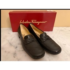 Vintage Rare Salvatore Ferragamo Gancini Loafers Black Square Toe 7.5 AA Women's