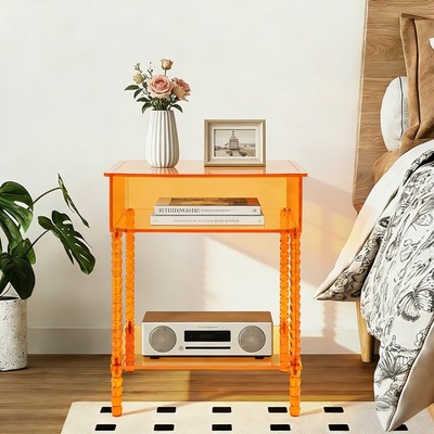 3 Tiers Acrylic Side Table, Orange End Table W/ Storage, Nightstand For Bedroom